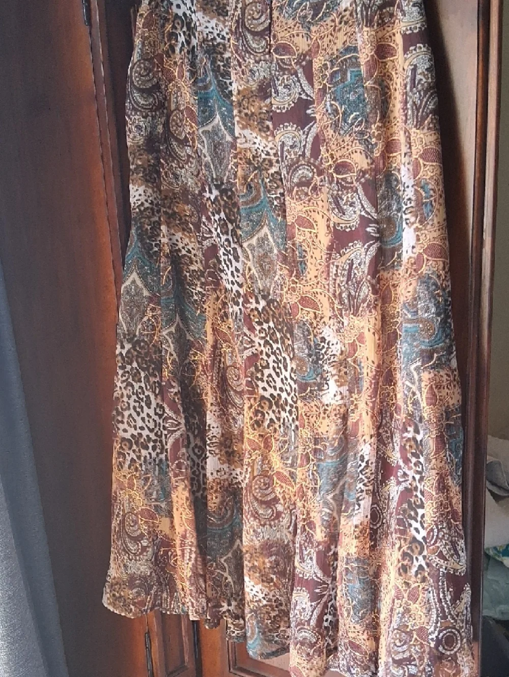 New! Andre Oliver Paisley and Leopard Print Midi Skirt in Brown and Gold Sz 8 - Picture 8 of 11